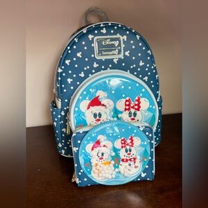 NWT Loungefly Disney Mickey and Minnie Snowman Snowglobe Backpack with Wallet